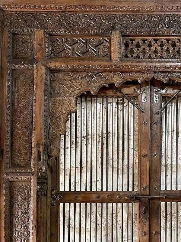 Exotic India 110" Large Traditional Hand Carved Old Wood Heavy Indian Door 