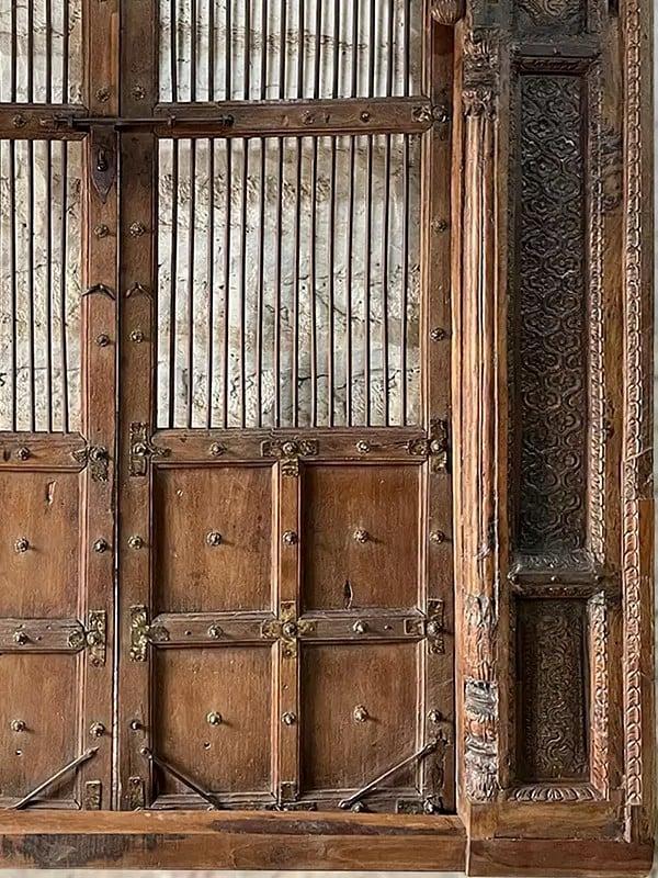 Exotic India 110" Large Traditional Hand Carved Old Wood Heavy Indian Door 