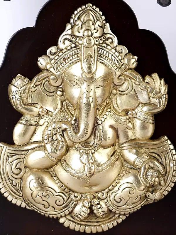 Exotic India 12" Blessing Lord Ganesha Wall Hanging Fame With Bells | Brass And Wood 