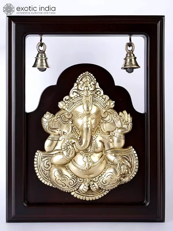 exotic india 12" Blessing Lord Ganesha Wall Hanging Fame with Bells | Brass and Wood 