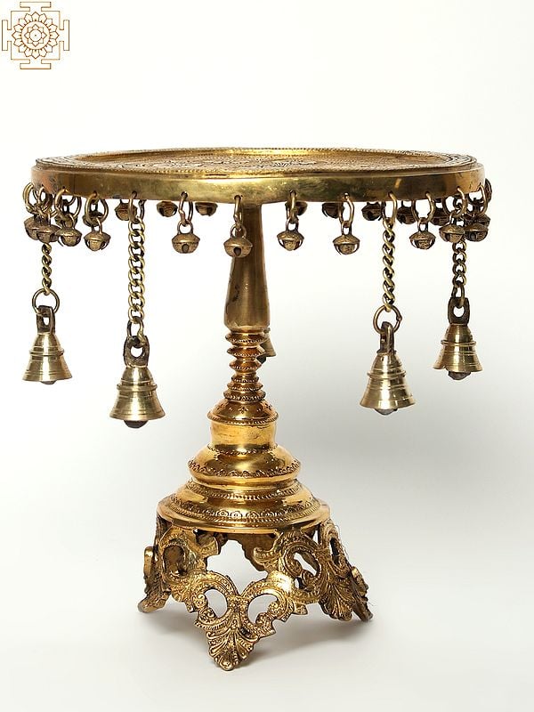 Exotic India 12" Brass Round Pedestal (Chowki) With Dangling Bells