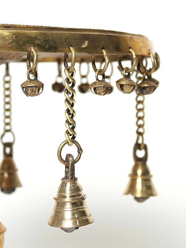 Exotic India 12" Brass Round Pedestal (Chowki) With Dangling Bells