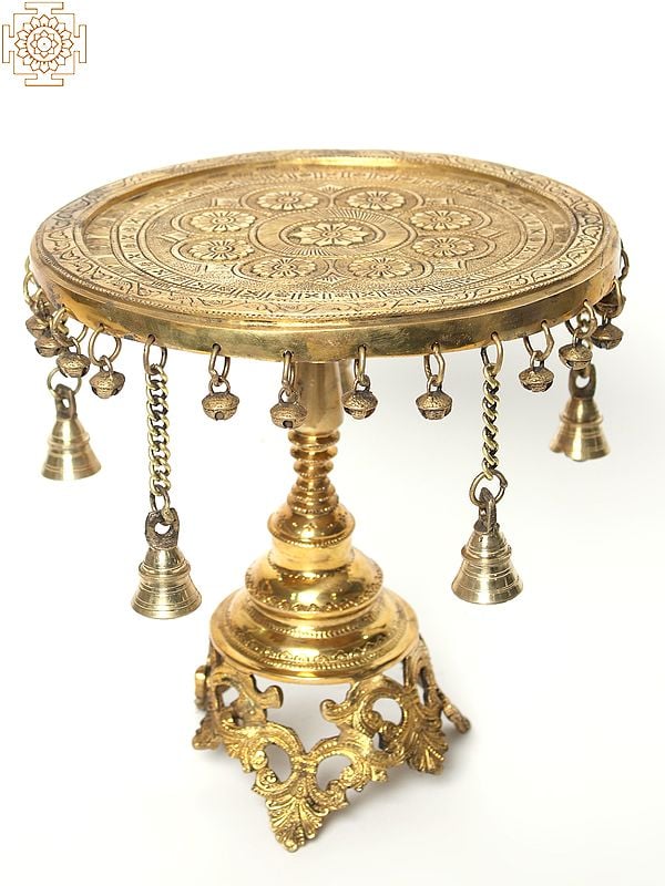 exotic india 12" Brass Round Pedestal (Chowki) with Dangling Bells