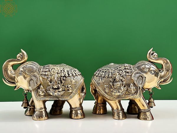 Exotic India 12" Brass Royal Elephant With Ganesha And Lakshmi Craving (Pair)| Handmade 