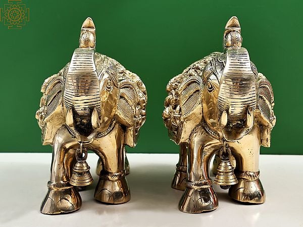 Exotic India 12" Brass Royal Elephant With Ganesha And Lakshmi Craving (Pair)| Handmade 