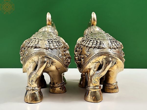 Exotic India 12" Brass Royal Elephant With Ganesha And Lakshmi Craving (Pair)| Handmade 