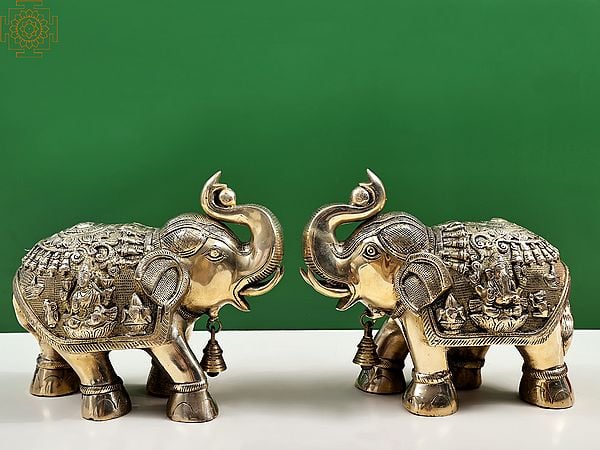 exotic india 12" Brass Royal Elephant with Ganesha and Lakshmi Craving (Pair)| Handmade 