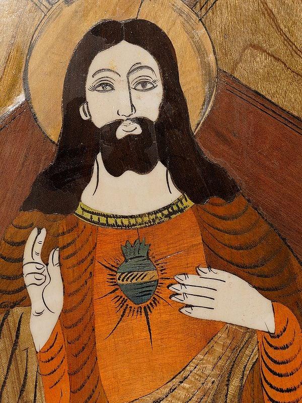 Exotic India 12" Calm Jesus Wall Panel | Rosewood Panel With Inlay Work 