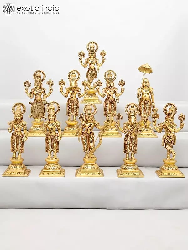 exotic india 12" Dashavatara of Lord Vishnu | Set of Ten | Brass Statues 