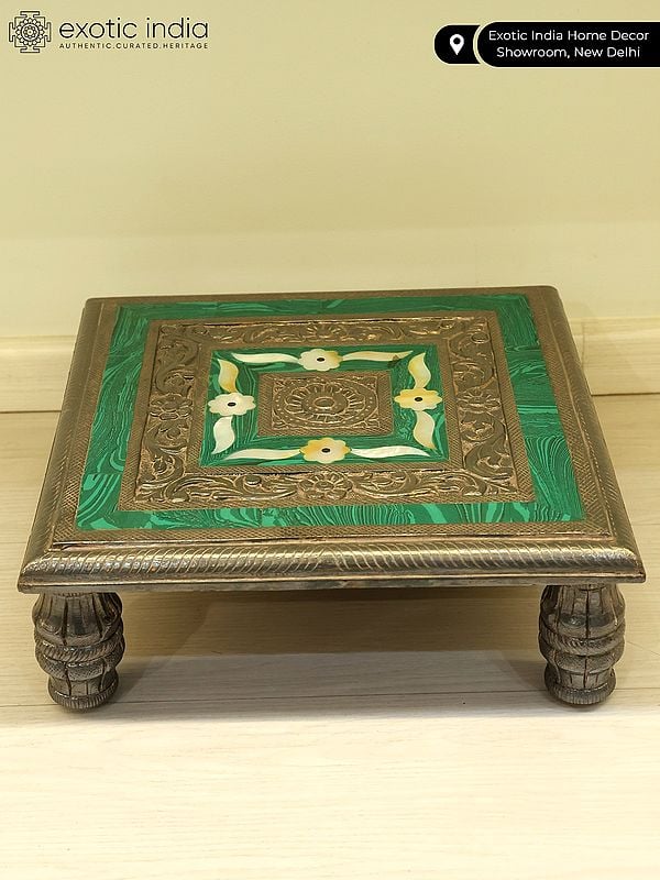 Exotic India 12" Designer Pedestal (Chowki) | .999 Silver Cladding On Wood With Malachite And MOP Inlay 