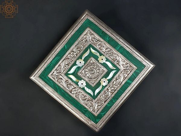 Exotic India 12" Designer Pedestal (Chowki) | .999 Silver Cladding On Wood With Malachite And MOP Inlay 