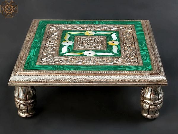 Exotic India 12" Designer Pedestal (Chowki) | .999 Silver Cladding On Wood With Malachite And MOP Inlay 