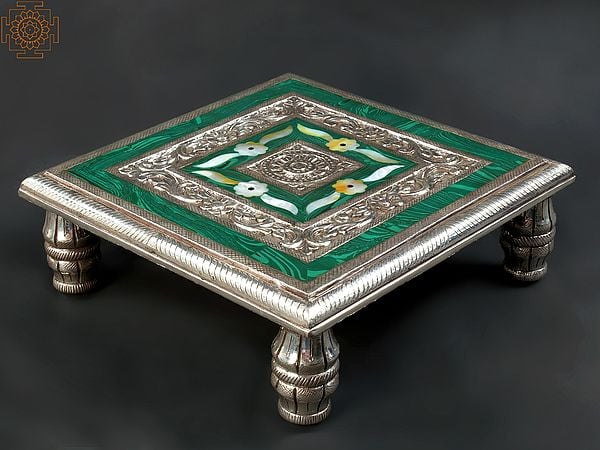 exotic india 12" Designer Pedestal (Chowki) | .999 Silver Cladding on Wood with Malachite and MOP Inlay
