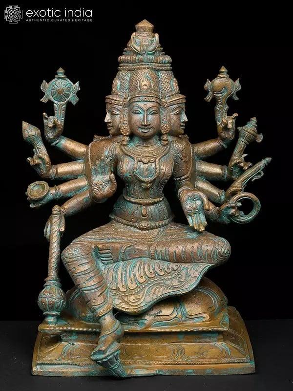 exotic india 12" Five Headed and Ten Armed Goddess Gayatri | Madhuchista Vidhana (Lost-Wax) | Panchaloha Bronze from Swamimalai 