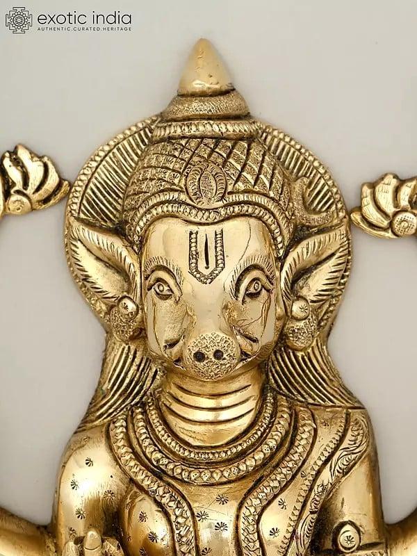 Exotic India 12" Four Armed Blessing Goddess Varahi | Brass Statue | Wall Hanging 
