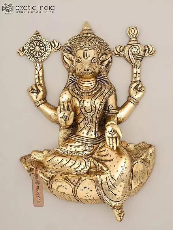 exotic india 12" Four Armed Blessing Goddess Varahi | Brass Statue | Wall Hanging 