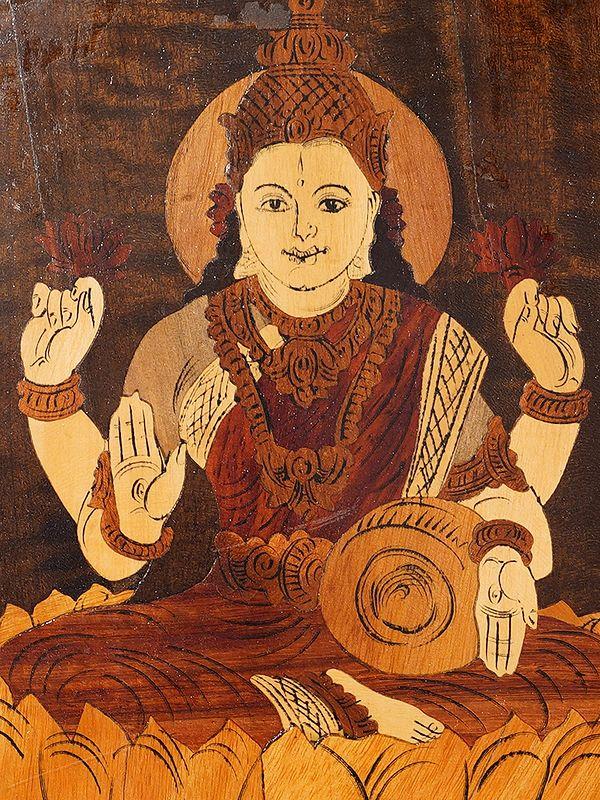 Exotic India 12" Goddess Dhanalakshmi With Four Armed | Rosewood Panel With Inlay Work 