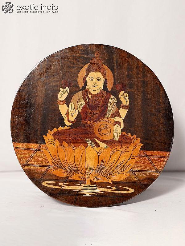 exotic india 12" Goddess Dhanalakshmi With Four Armed | Rosewood Panel With Inlay Work 