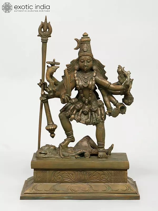 exotic india 12" Goddess Kali Standing on Lord Shiva | Madhuchista Vidhana (Lost-Wax) | Panchaloha Bronze from Swamimalai 