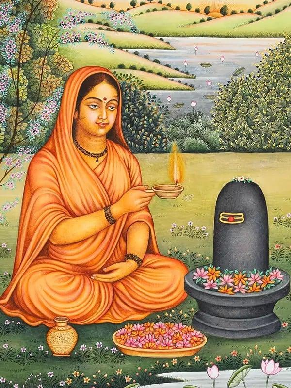 Exotic India 12" Goddess Parvati Worshipping Lord Shiva | Watercolor Painting 