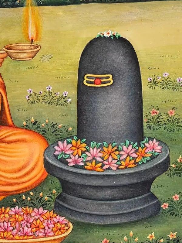 Exotic India 12" Goddess Parvati Worshipping Lord Shiva | Watercolor Painting 
