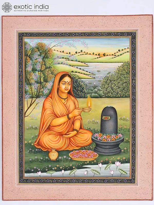 exotic india 12" Goddess Parvati Worshipping Lord Shiva | Watercolor Painting 