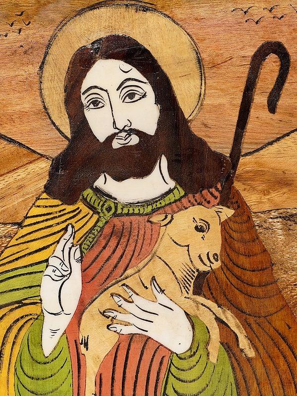 Exotic India 12" Jesus Christ Holding The Lamb | Rosewood Panel With Inlay Work 