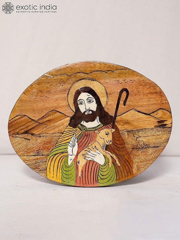 exotic india 12" Jesus Christ Holding The Lamb | Rosewood Panel With Inlay Work 