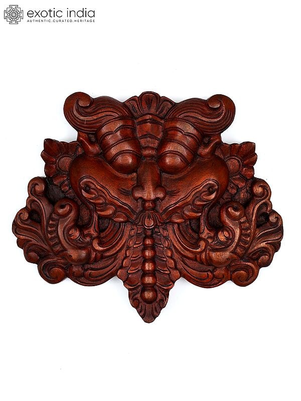 exotic india 12" Kirtimukha Wall Hanging Statue | Wood Carving 