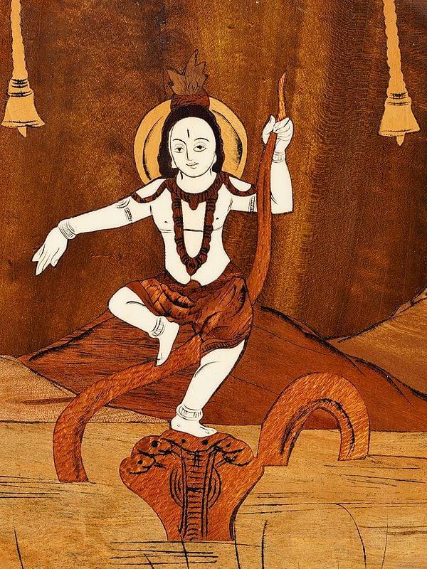 Exotic India 12" Krishna Dancing On Kaliya Serpent | Rosewood Panel With Inlay Work 