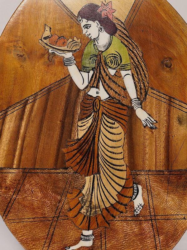 Exotic India 12" Lady Holding Tray Of Fruits | Rosewood Panel With Inlay Work 