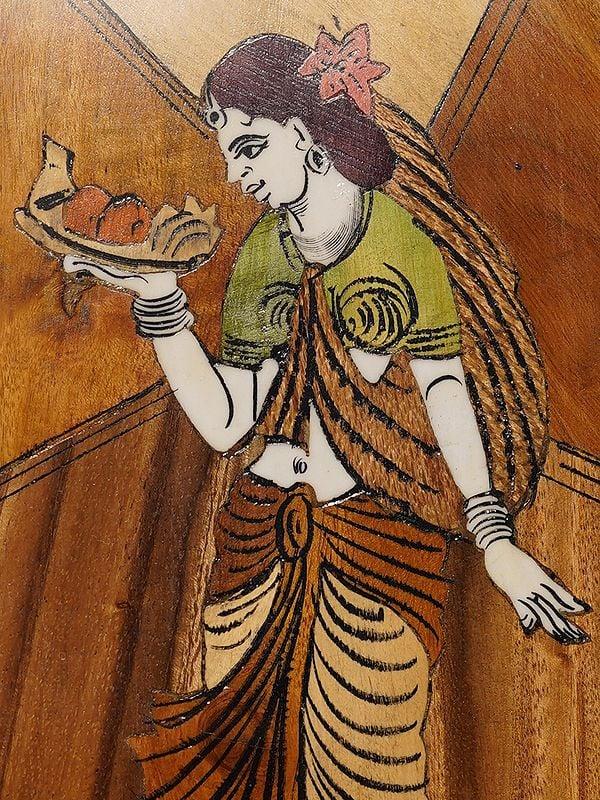 Exotic India 12" Lady Holding Tray Of Fruits | Rosewood Panel With Inlay Work 