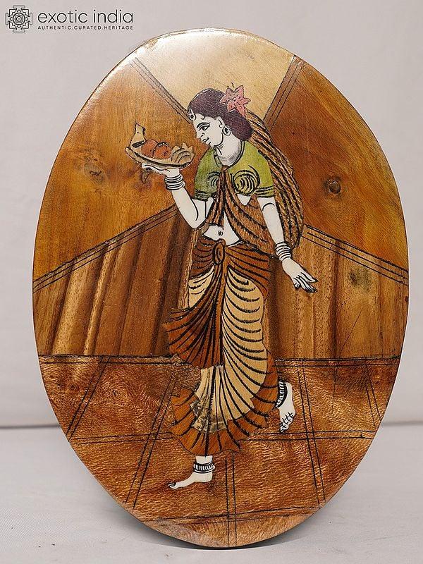 exotic india 12" Lady Holding Tray Of Fruits | Rosewood Panel With Inlay Work 