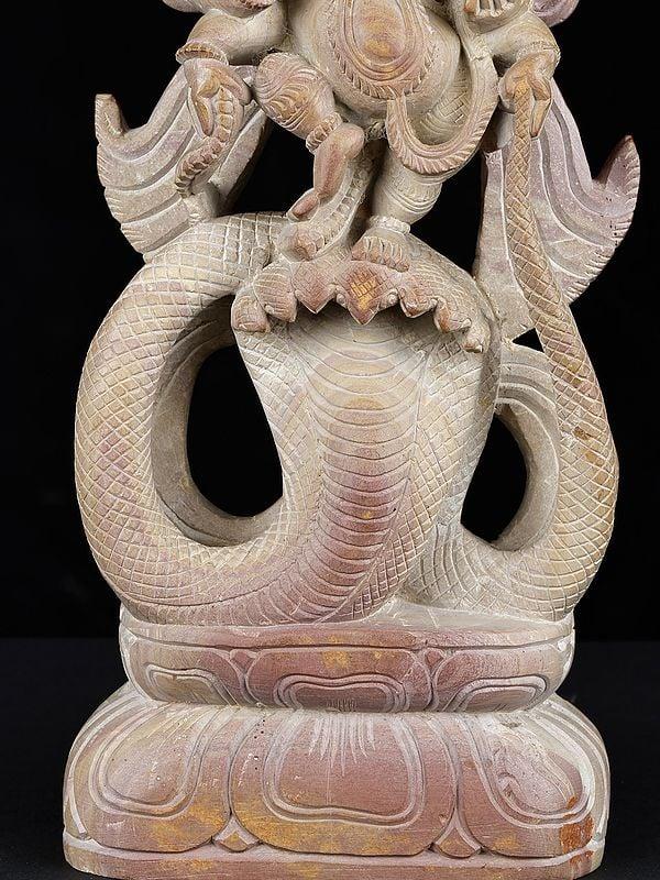 Exotic India 12" Lord Ganesha Dancing On Serpent | Stone Statue From Banaras 