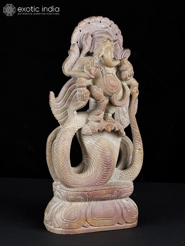 Exotic India 12" Lord Ganesha Dancing On Serpent | Stone Statue From Banaras 