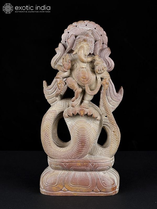 exotic india 12" Lord Ganesha Dancing on Serpent | Stone Statue from Banaras 
