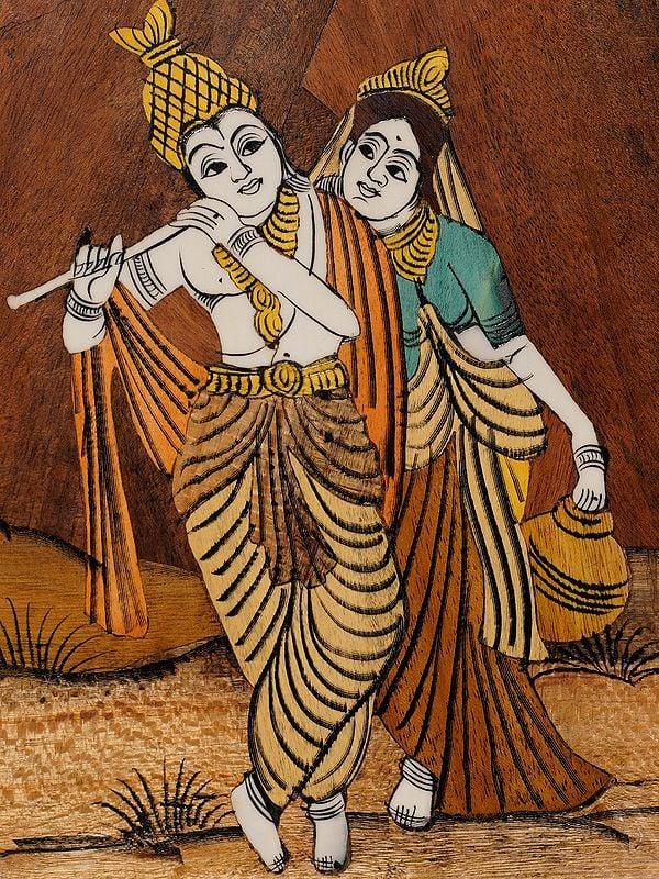 Exotic India 12" Lord Krishna With Radha Rani | Rosewood Panel With Inlay Work 