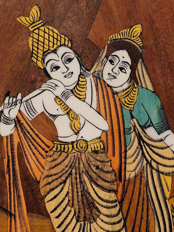 Exotic India 12" Lord Krishna With Radha Rani | Rosewood Panel With Inlay Work 
