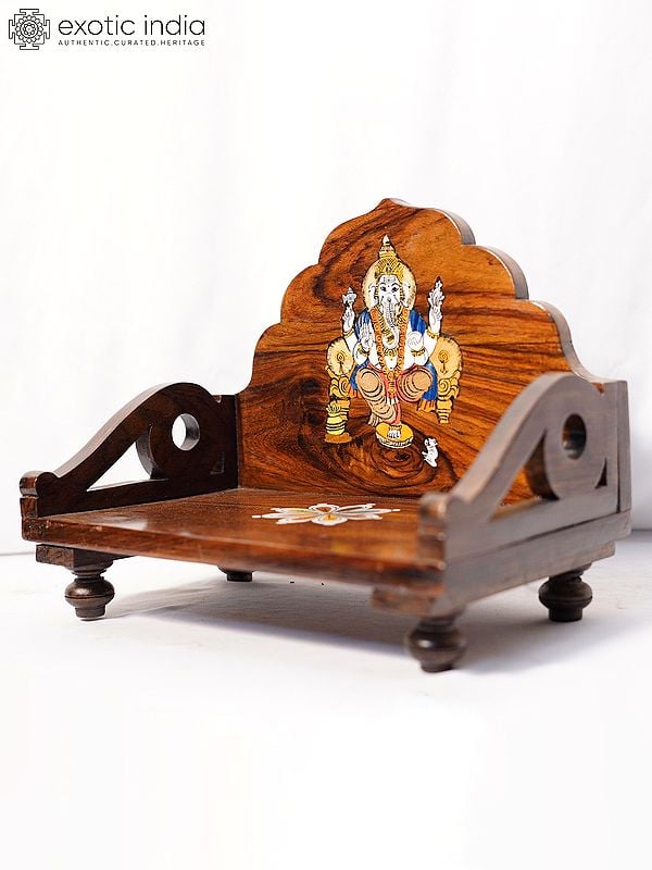 Exotic India 12" Mandasana With Ganesha Design For Home | Handmade Rosewood Home Decor Item