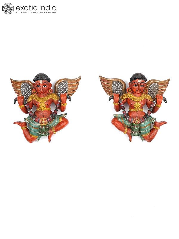 exotic india 12" Pair of Wall Hanging Gandharvas | Wood Carving 