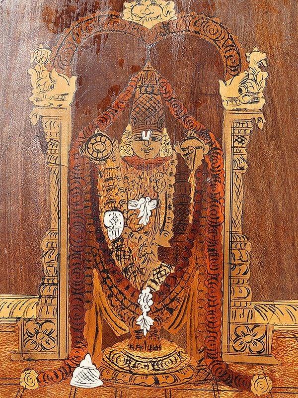 Exotic India 12" Round Panel Of Lord Tirupati Balaji | Rosewood Panel With Inlay Work 