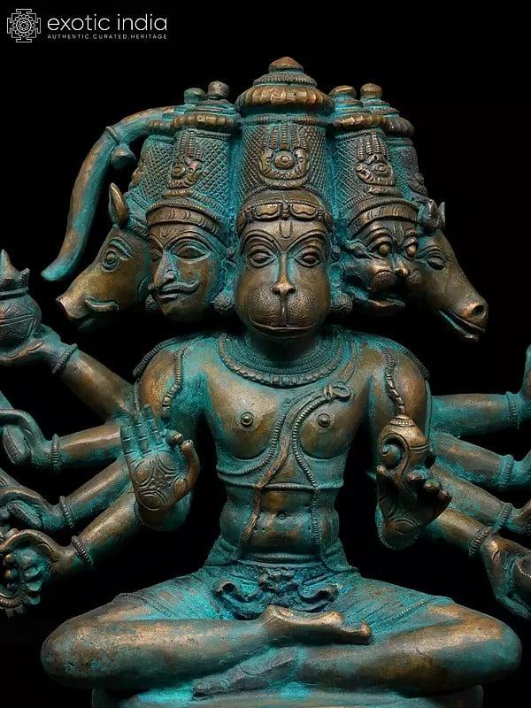 Exotic India 12" Sitting Ten Armed Panchamukhi Lord Hanuman | Madhuchista Vidhana (Lost-Wax) | Panchaloha Bronze From Swamimalai 