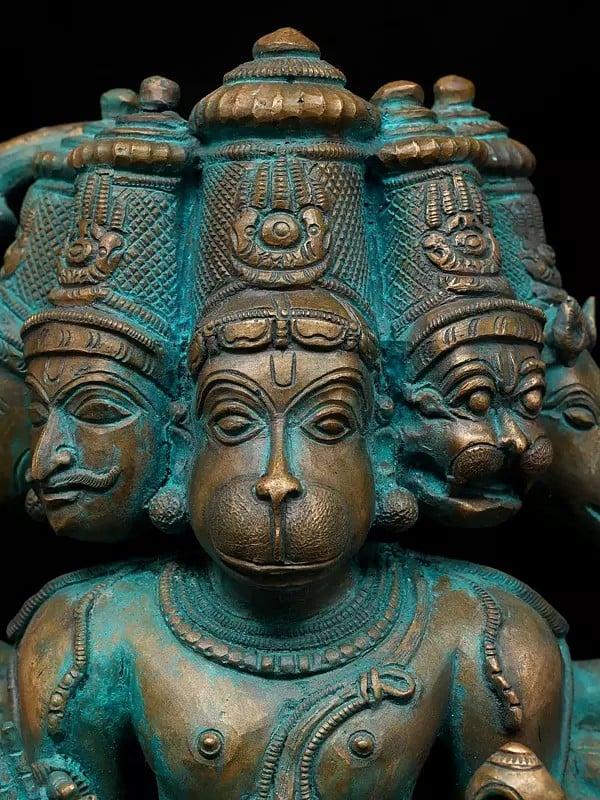 Exotic India 12" Sitting Ten Armed Panchamukhi Lord Hanuman | Madhuchista Vidhana (Lost-Wax) | Panchaloha Bronze From Swamimalai 