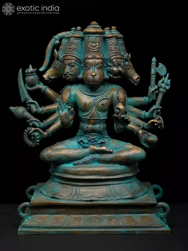 exotic india 12" Sitting Ten Armed Panchamukhi Lord Hanuman | Madhuchista Vidhana (Lost-Wax) | Panchaloha Bronze from Swamimalai 
