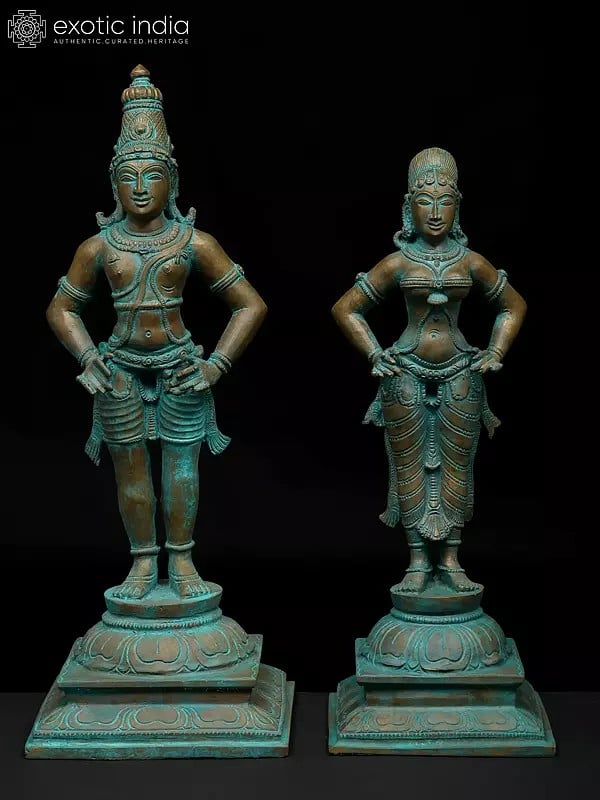 exotic india 12" Standing Lord Vitthal (Panduranga) with Rukmini | Madhuchista Vidhana (Lost-Wax) | Panchaloha Bronze from Swamimalai 