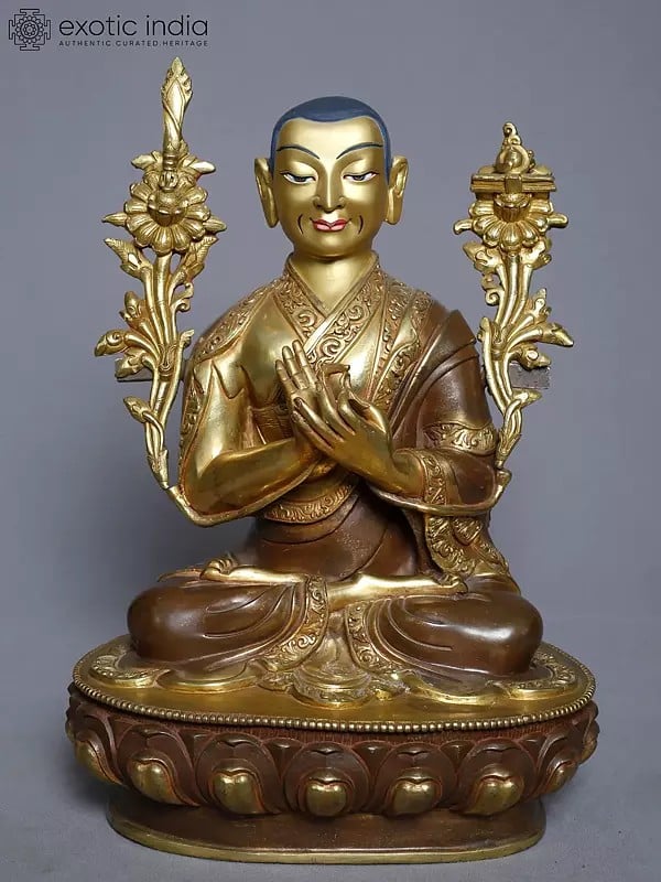 Exotic India 12" Statue Of Copper Gold Plated Tsongkhapa With Two Disciples Statue (Set Of 3) From Nepal 