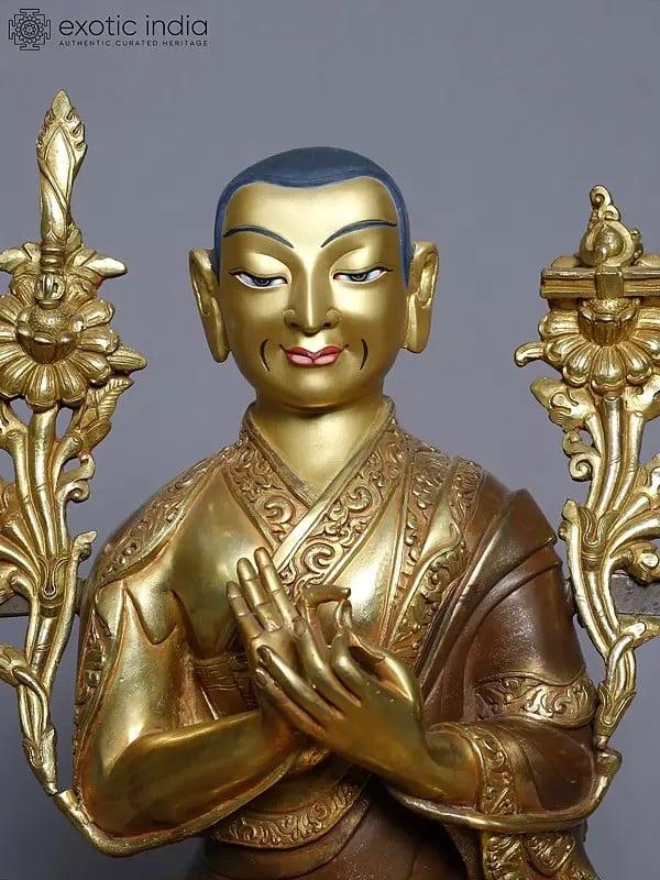 Exotic India 12" Statue Of Copper Gold Plated Tsongkhapa With Two Disciples Statue (Set Of 3) From Nepal 