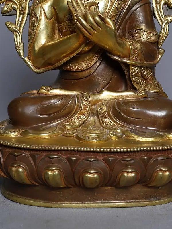 Exotic India 12" Statue Of Copper Gold Plated Tsongkhapa With Two Disciples Statue (Set Of 3) From Nepal 