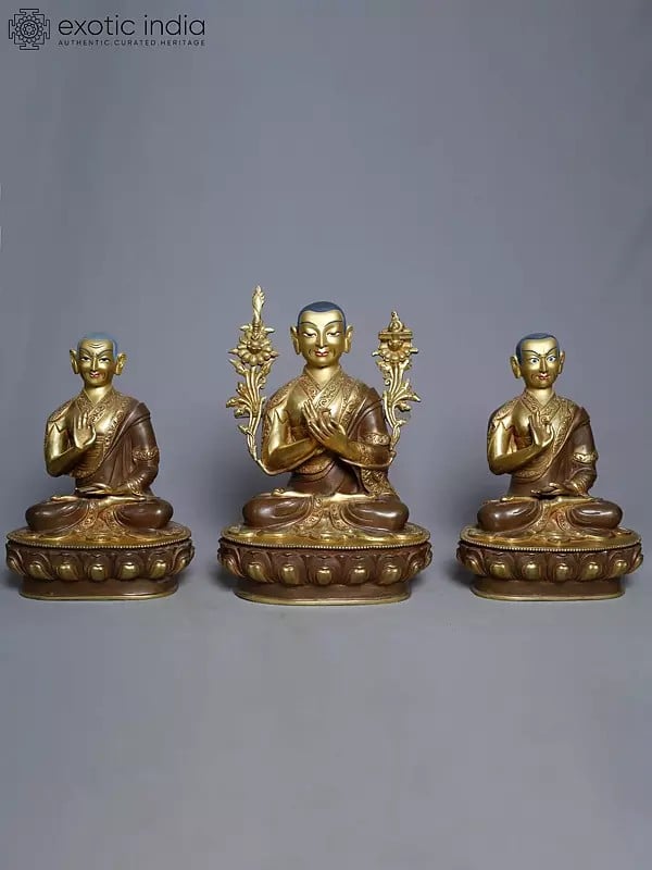 exotic india 12" Statue Of Copper Gold Plated Tsongkhapa With Two Disciples Statue (Set Of 3) From Nepal 