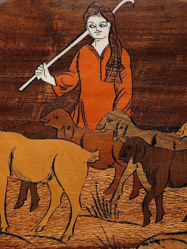 Exotic India 12" The Rural Life With Goats | Rosewood Panel With Inlay Work 